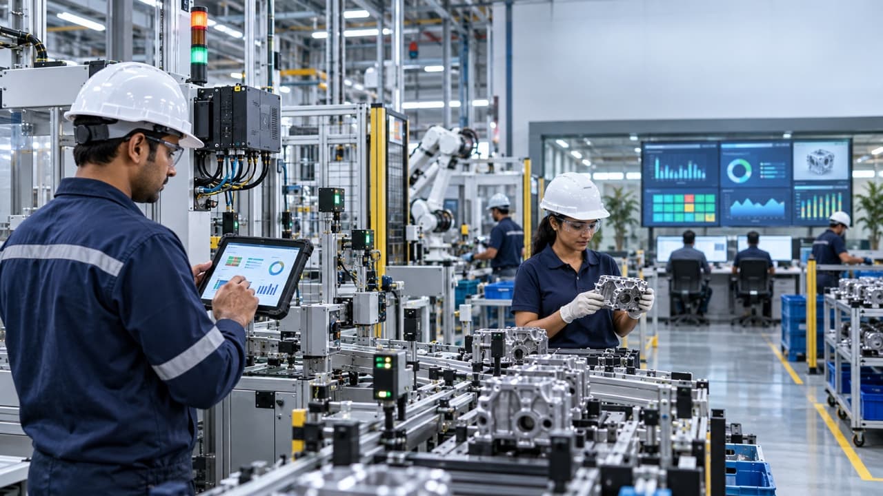 Connected manufacturing line with IoT equipment, shopfloor tablet, quality inspection, and production dashboards