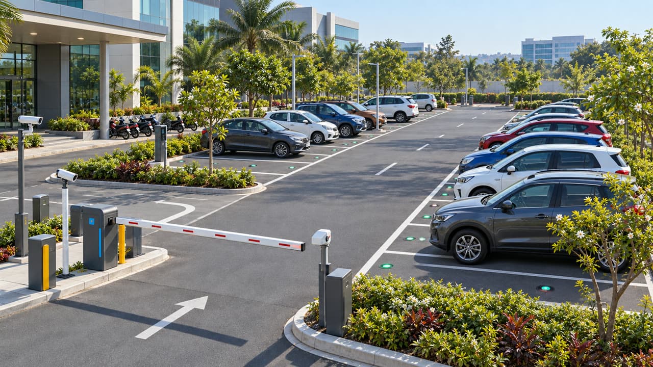 Connected parking facility with access barrier, cameras, and bay occupancy sensors
