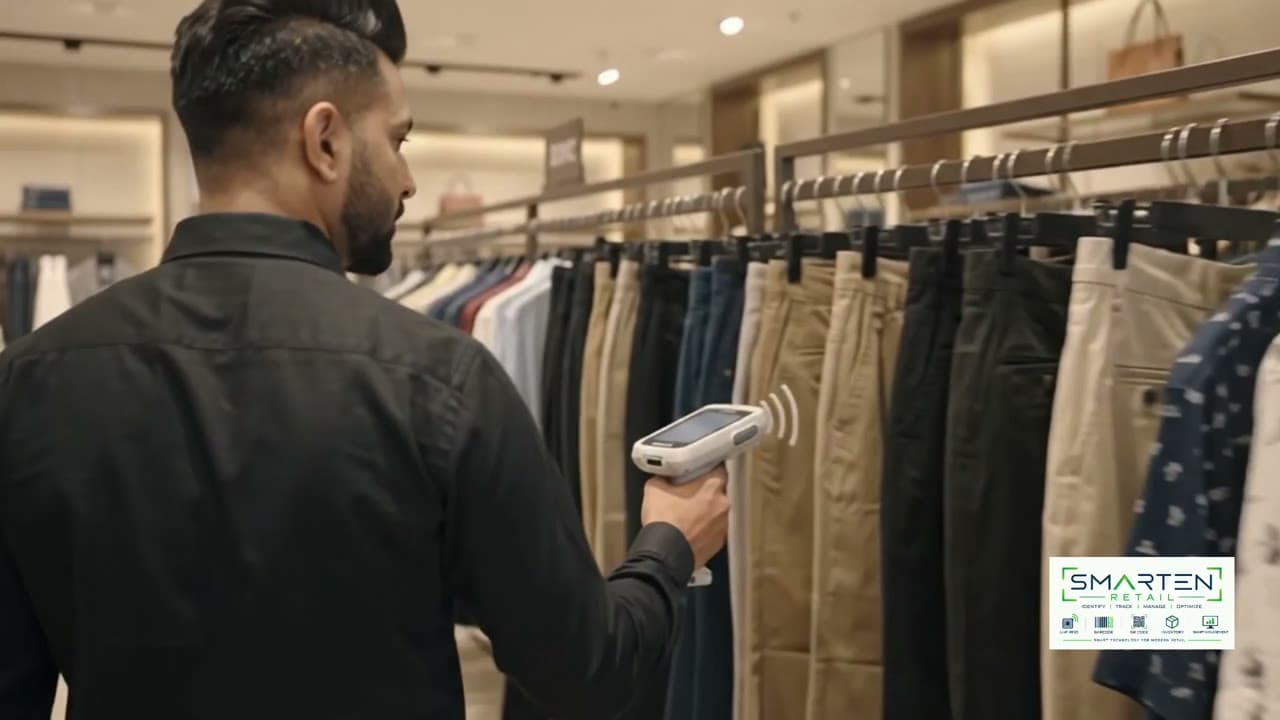 Retail associate using a handheld device to identify apparel inventory